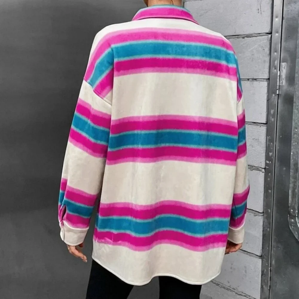 Striped Print Button down Shacket shirt jacket Coat - Picture 5 of 6